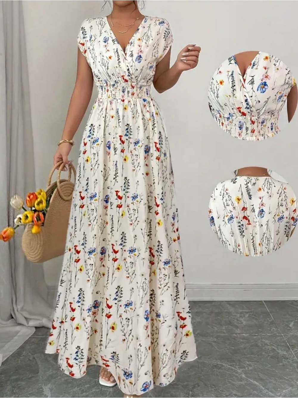 Floral V-Neck White Maxi Dress with Smocked Waist
